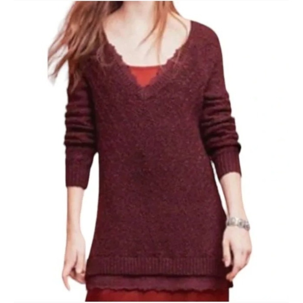 Anthropologie Knitted & Knotted Burgundy Long Sleeve Lace Exposed Sweater Boho S